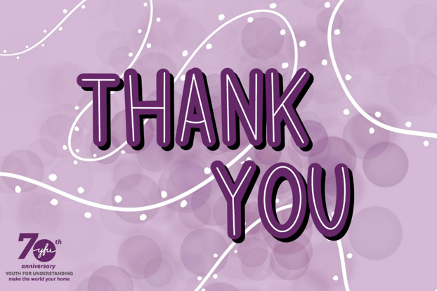 A purple eCard branded to Youth for Understanding with the words "thank you" printed on the front. 